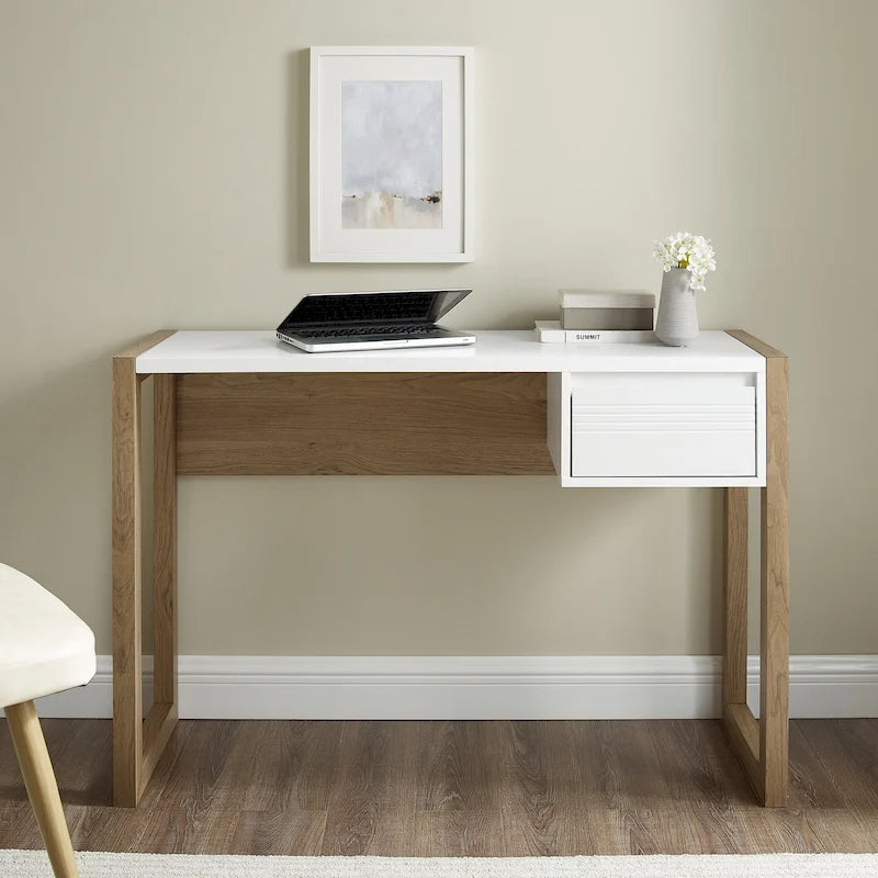 Bureau d'écriture bicolore de 117 cm avec tiroir, pieds traîneau et bords biseautés – Peut servir de coiffeuse