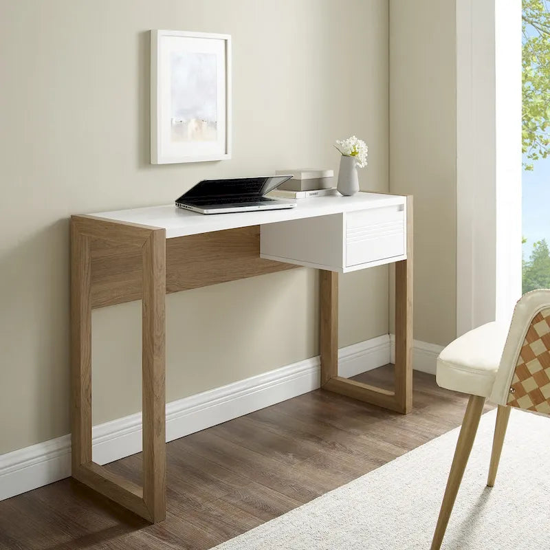 Bureau d'écriture bicolore de 117 cm avec tiroir, pieds traîneau et bords biseautés – Peut servir de coiffeuse