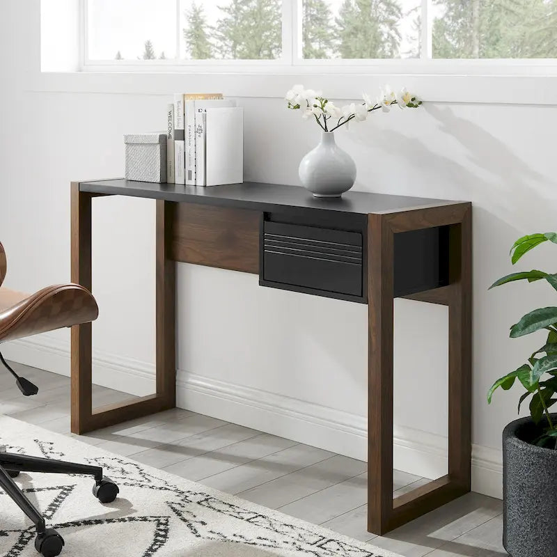 Bureau d'écriture bicolore de 117 cm avec tiroir, pieds traîneau et bords biseautés – Peut servir de coiffeuse