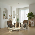 Amber Accent Chair, Handcrafted Slatted Mango Wood, Buffalo Leather Cushions, Angled Legs