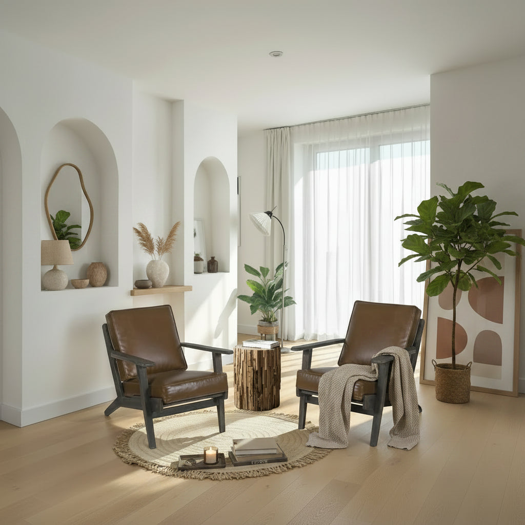 Amber Accent Chair, Handcrafted Slatted Mango Wood, Buffalo Leather Cushions, Angled Legs