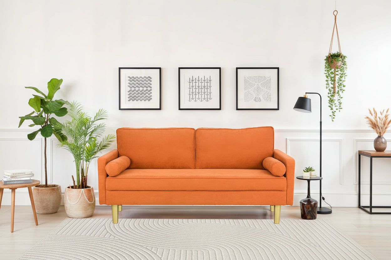 Exquisite 65 in. Orange Polyester 2-Seater Loveseat with Side Pockets and Round Pillows - 65 in
