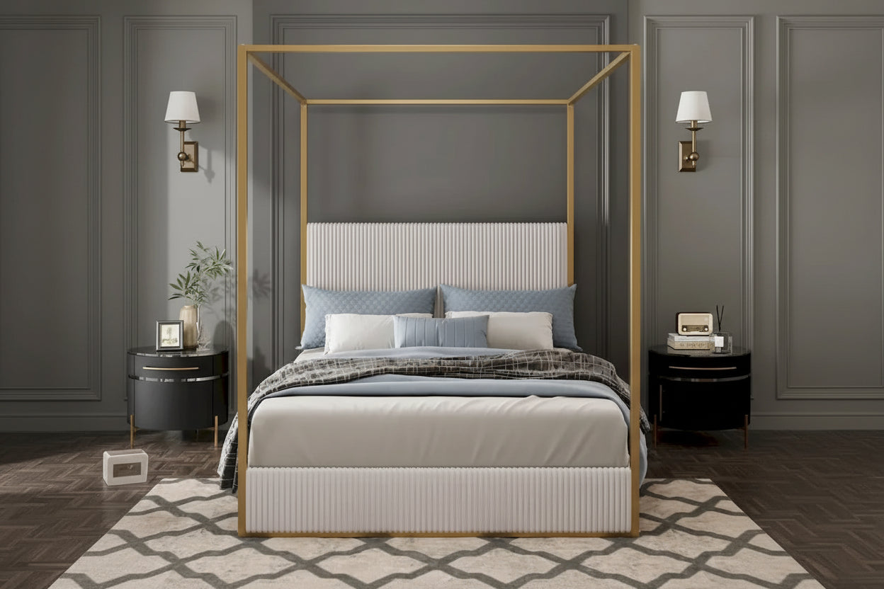 Modern Luxury Metal Canopy Bed with Tall Upholstered Headboard