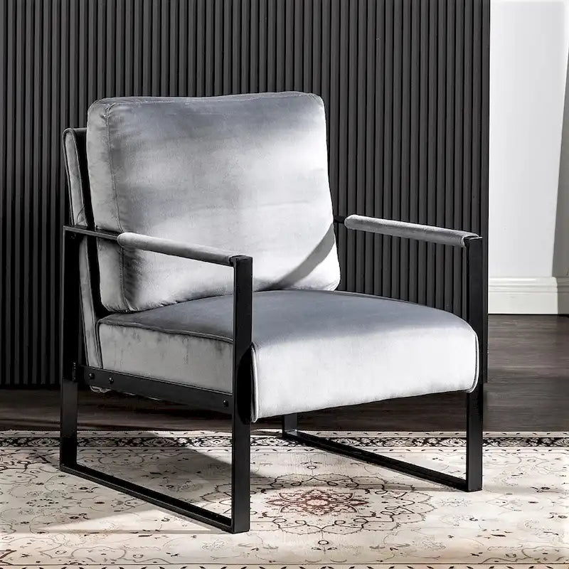Fauteuil d'appoint en velours Mid-Century Modern avec accoudoirs en métal noir brossé, 64,5 cm de large