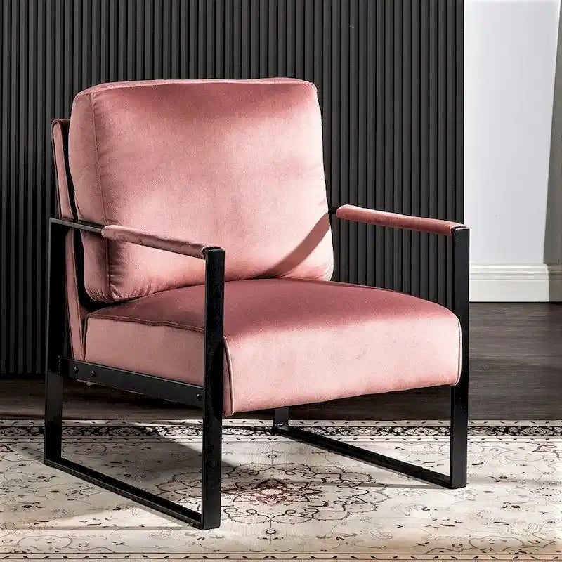 Fauteuil d'appoint en velours Mid-Century Modern avec accoudoirs en métal noir brossé, 64,5 cm de large