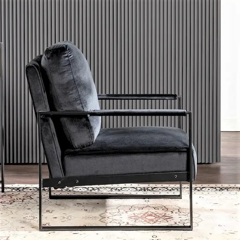Fauteuil d'appoint en velours Mid-Century Modern avec accoudoirs en métal noir brossé, 64,5 cm de large