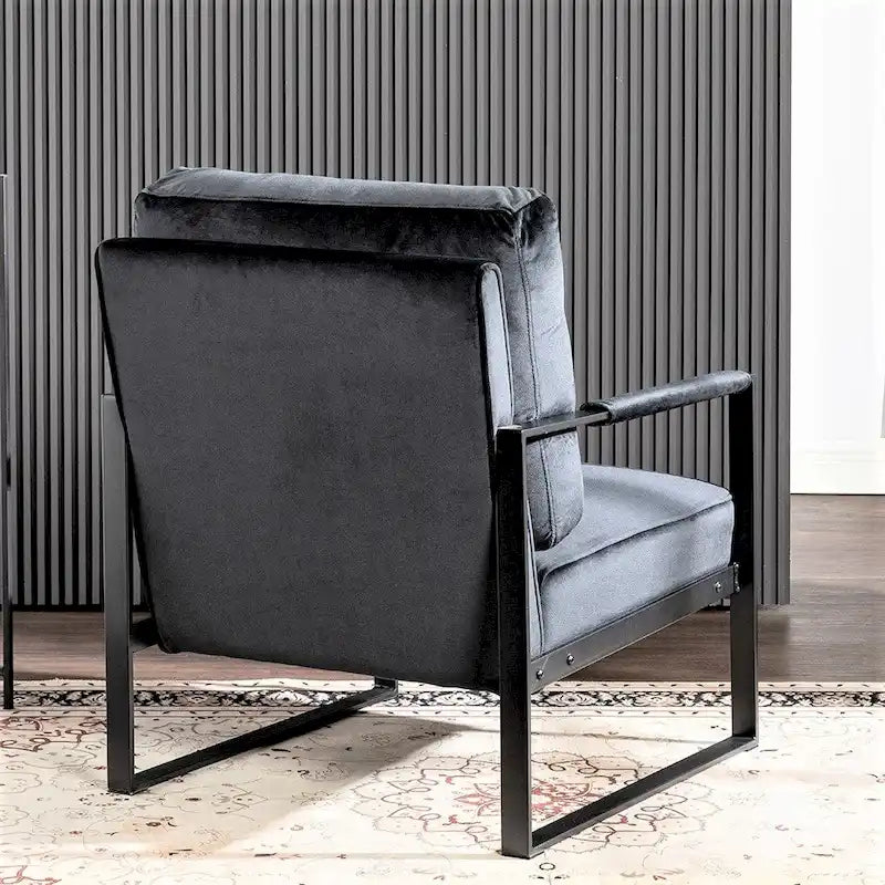 Fauteuil d'appoint en velours Mid-Century Modern avec accoudoirs en métal noir brossé, 64,5 cm de large