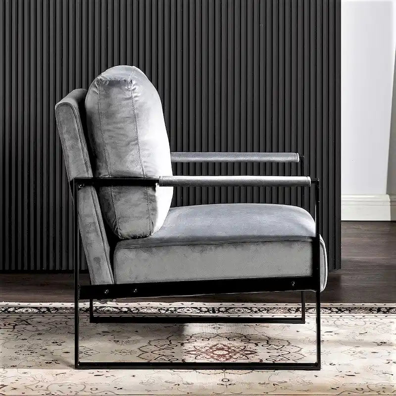 Fauteuil d'appoint en velours Mid-Century Modern avec accoudoirs en métal noir brossé, 64,5 cm de large