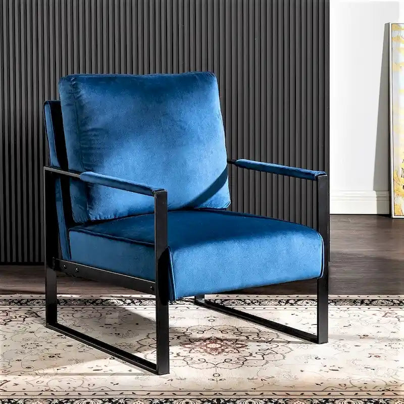 Fauteuil d'appoint en velours Mid-Century Modern avec accoudoirs en métal noir brossé, 64,5 cm de large