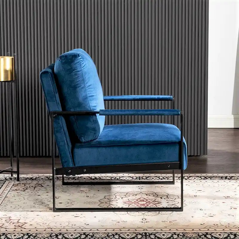 Fauteuil d'appoint en velours Mid-Century Modern avec accoudoirs en métal noir brossé, 64,5 cm de large