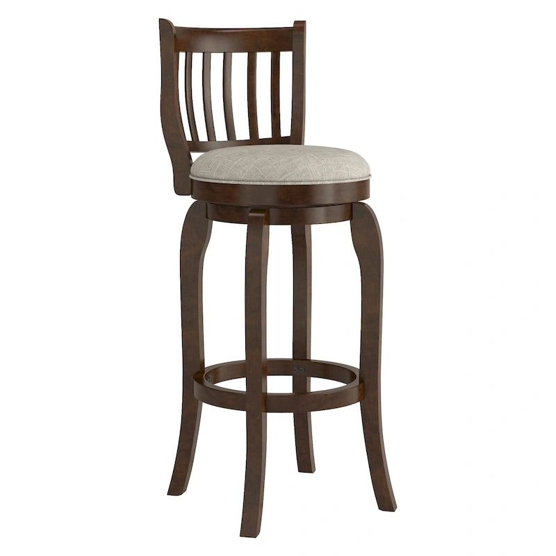 Tabouret de bar 74 cm à haut dossier en lin, pivotant à 360°, en bois d'hévéa, finition brun cerise