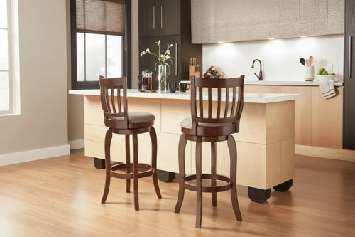 Tabouret de bar 74 cm à haut dossier en lin, pivotant à 360°, en bois d'hévéa, finition brun cerise