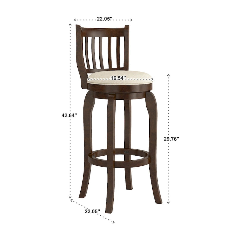 Tabouret de bar 74 cm à haut dossier en lin, pivotant à 360°, en bois d'hévéa, finition brun cerise