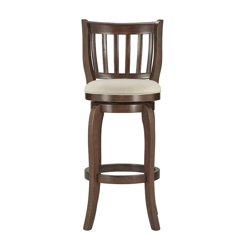 Tabouret de bar 74 cm à haut dossier en lin, pivotant à 360°, en bois d'hévéa, finition brun cerise