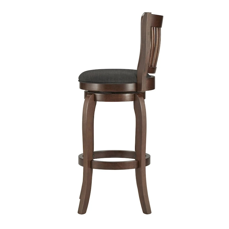 Tabouret de bar 74 cm à haut dossier en lin, pivotant à 360°, en bois d'hévéa, finition brun cerise