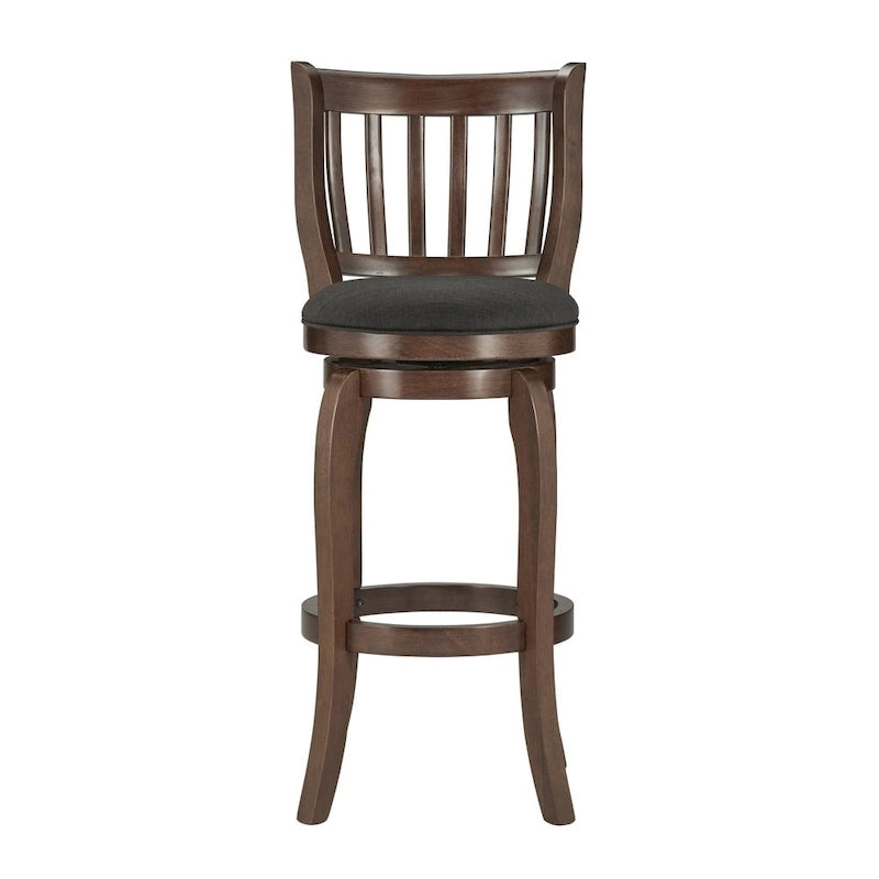 Tabouret de bar 74 cm à haut dossier en lin, pivotant à 360°, en bois d'hévéa, finition brun cerise