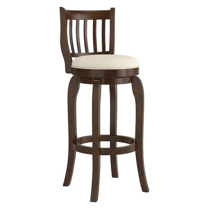 Tabouret de bar 74 cm à haut dossier en lin, pivotant à 360°, en bois d'hévéa, finition brun cerise