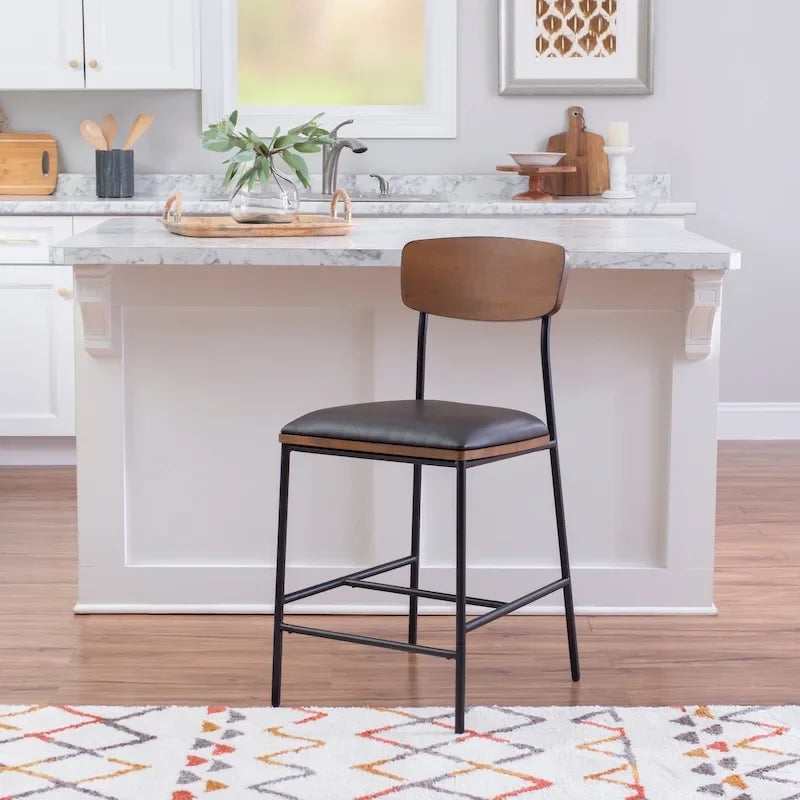 Tabouret de comptoir industriel de style fermier de 25 pouces, siège en similicuir blanc, cadre en acier