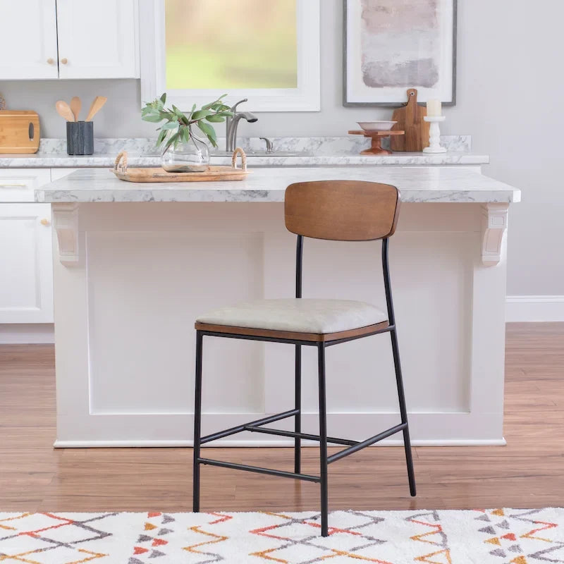 Tabouret de comptoir industriel de style fermier de 25 pouces, siège en similicuir blanc, cadre en acier