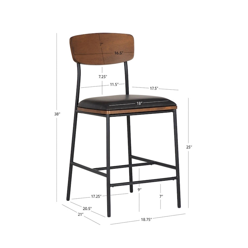 Tabouret de comptoir industriel de style fermier de 25 pouces, siège en similicuir blanc, cadre en acier