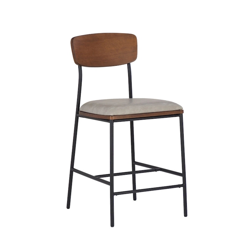 Tabouret de comptoir industriel de style fermier de 25 pouces, siège en similicuir blanc, cadre en acier