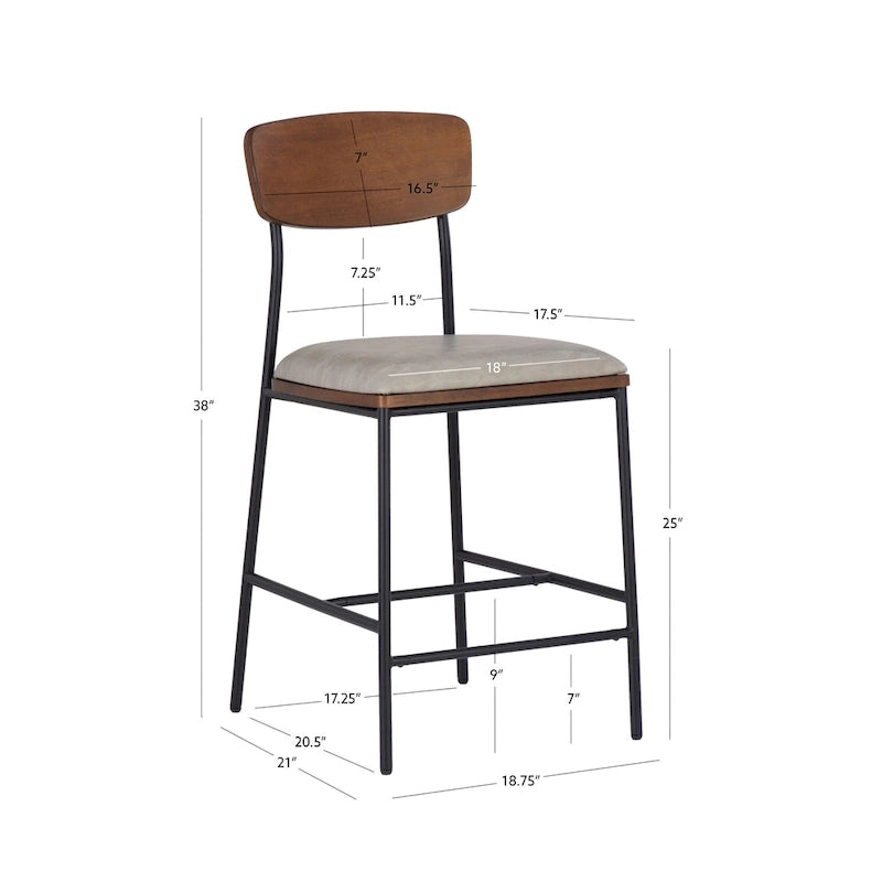 Tabouret de comptoir industriel de style fermier de 25 pouces, siège en similicuir blanc, cadre en acier