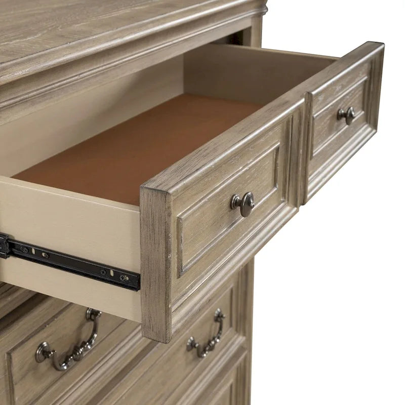 Commode 5 tiroirs – Style traditionnel européen, blanc antique ou bisque vieillie, intérieur en cèdre