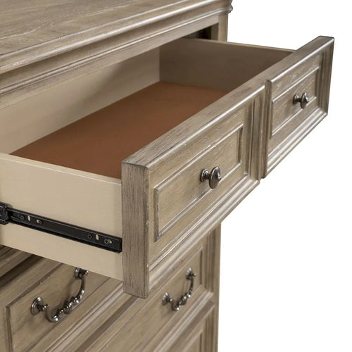 Commode 5 tiroirs – Style traditionnel européen, blanc antique ou bisque vieillie, intérieur en cèdre