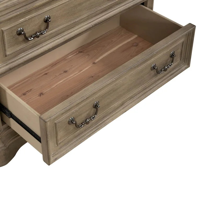 Commode 5 tiroirs – Style traditionnel européen, blanc antique ou bisque vieillie, intérieur en cèdre