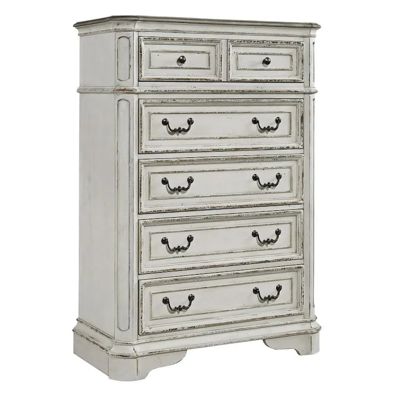 Commode 5 tiroirs – Style traditionnel européen, blanc antique ou bisque vieillie, intérieur en cèdre