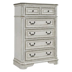 Commode 5 tiroirs – Style traditionnel européen, blanc antique ou bisque vieillie, intérieur en cèdre