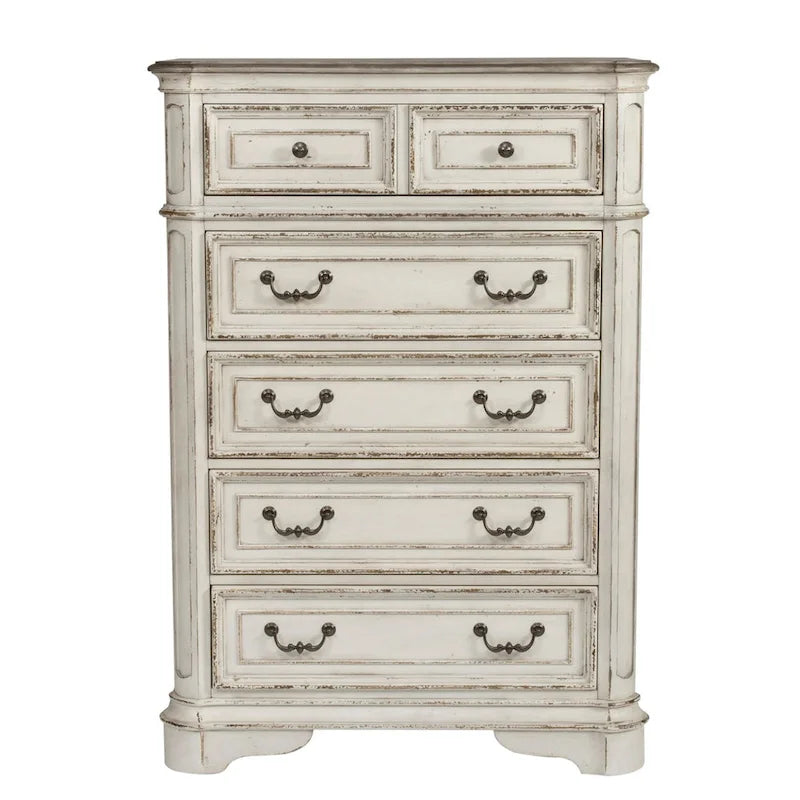 Commode 5 tiroirs – Style traditionnel européen, blanc antique ou bisque vieillie, intérieur en cèdre