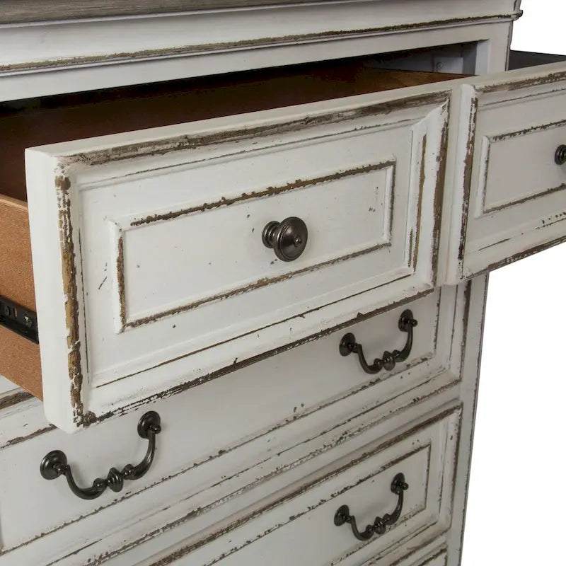 Commode 5 tiroirs – Style traditionnel européen, blanc antique ou bisque vieillie, intérieur en cèdre