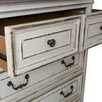 Commode 5 tiroirs – Style traditionnel européen, blanc antique ou bisque vieillie, intérieur en cèdre