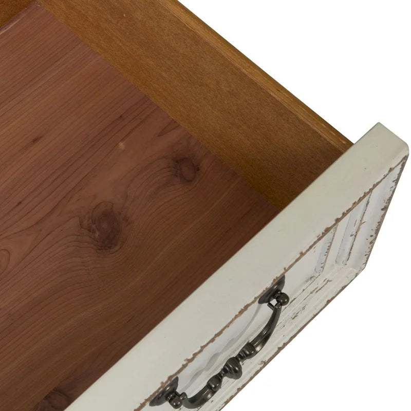 Commode 5 tiroirs – Style traditionnel européen, blanc antique ou bisque vieillie, intérieur en cèdre