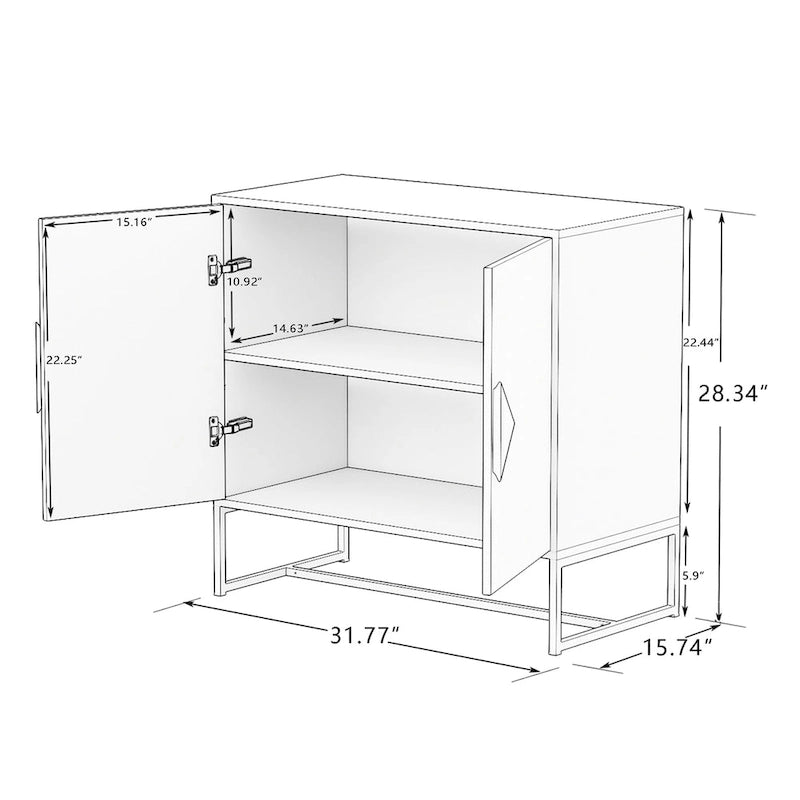 Buffet en bois massif 2 portes avec poignées carrées, cadre en MDF et fer, capacité de 36 kg