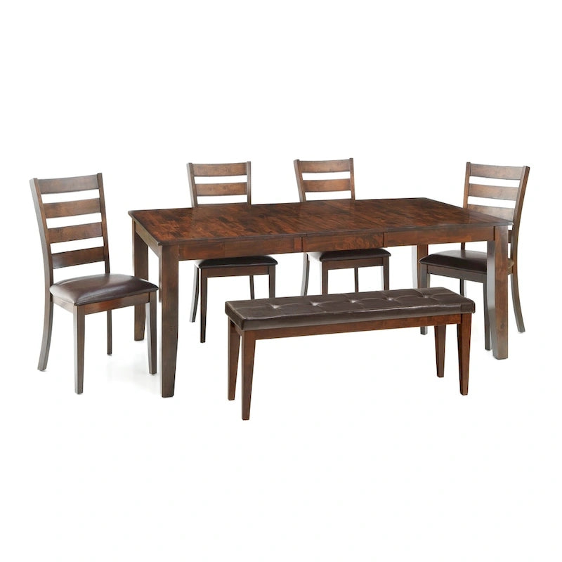 Banc de salle à manger rembourré sans dossier, bois de manguier massif, finition brandy brossé, coussin en PU