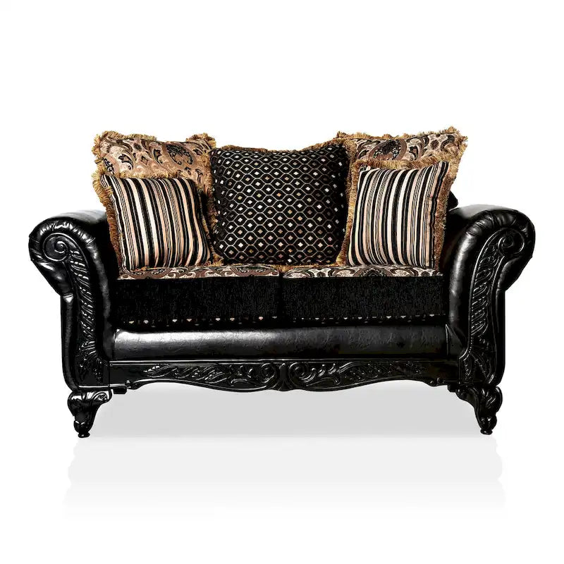 Causeuse noire en similicuir d'inspiration traditionnelle – Cadre en bois sculpté, pieds cabrioles et coussins à franges