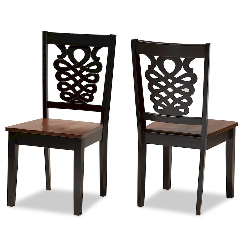 Ensemble de 2 chaises de salle à manger transitionnelles modernes et contemporaines, structure en bois brun foncé