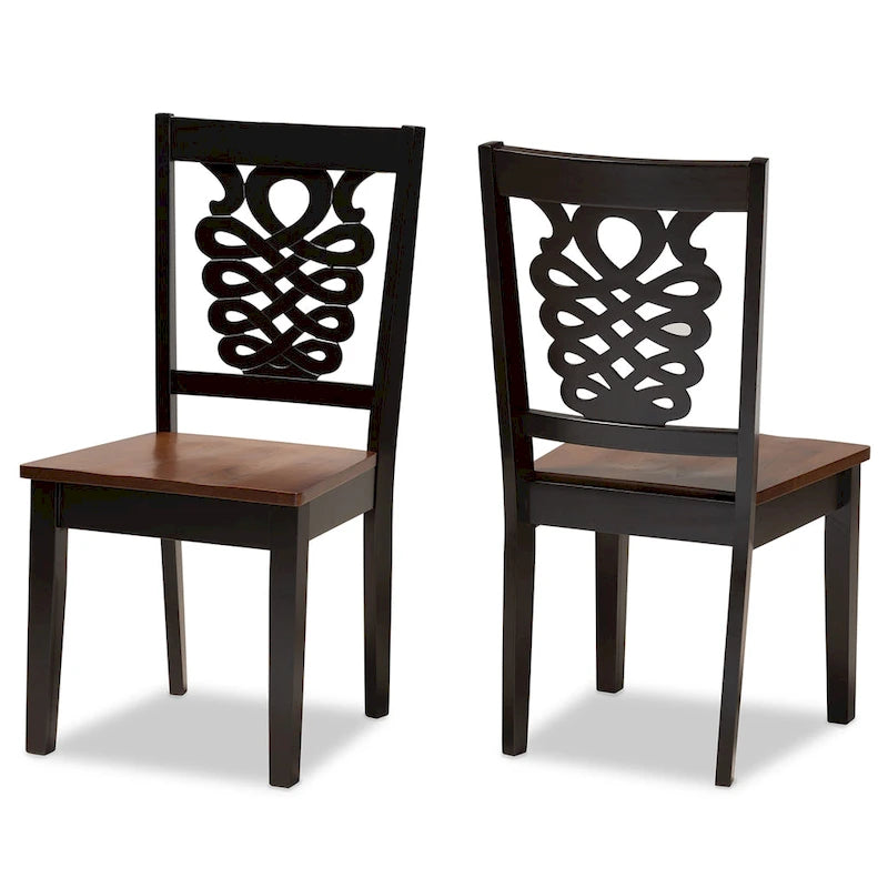 Ensemble de 2 chaises de salle à manger transitionnelles modernes et contemporaines, structure en bois brun foncé