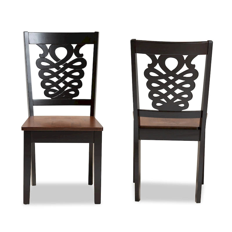 Ensemble de 2 chaises de salle à manger transitionnelles modernes et contemporaines, structure en bois brun foncé