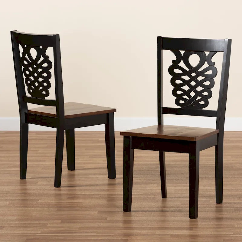 Ensemble de 2 chaises de salle à manger transitionnelles modernes et contemporaines, structure en bois brun foncé