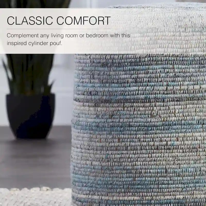 Pouf cylindrique fait main en polyester et laine à rayures, 45x45x55 cm
