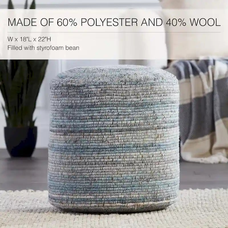Pouf cylindrique fait main en polyester et laine à rayures, 45x45x55 cm