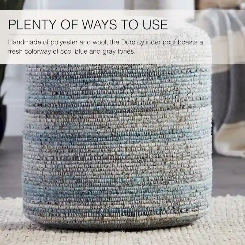 Pouf cylindrique fait main en polyester et laine à rayures, 45x45x55 cm