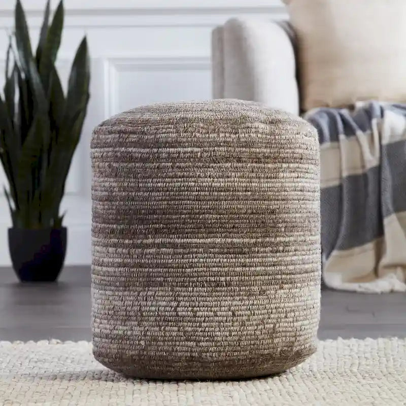 Pouf cylindrique fait main en polyester et laine à rayures, 45x45x55 cm