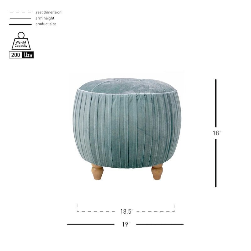 Petit Pouf Rond en Velours Peluche – Côtés Plissés, Dessus Capitonné, Pieds en Bois