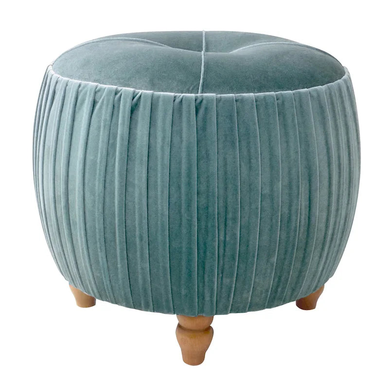 Petit Pouf Rond en Velours Peluche – Côtés Plissés, Dessus Capitonné, Pieds en Bois