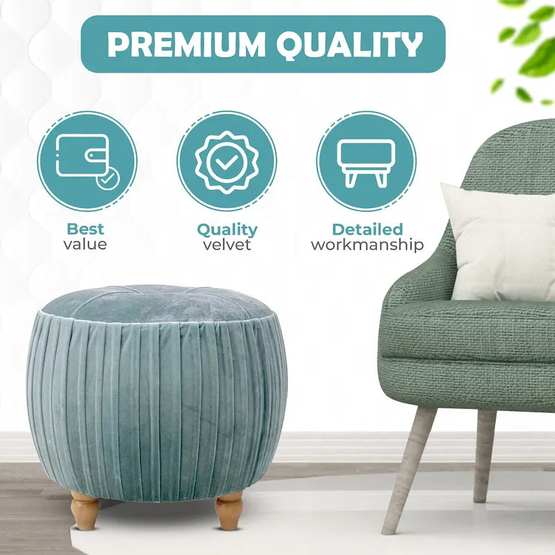 Petit Pouf Rond en Velours Peluche – Côtés Plissés, Dessus Capitonné, Pieds en Bois