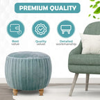 Petit Pouf Rond en Velours Peluche – Côtés Plissés, Dessus Capitonné, Pieds en Bois